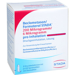 Abbildung: Beclometason / Formoterol STADA 200 / 6 µg 2x120 Hub 2 St, Dosieraerosol PZN 18718436
