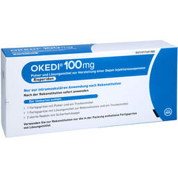 Abbildung: Okedi 100 mg Pulver und LM H.Depot-Injektionssuspension Fert.-S. 1 St, Pulver und Lösungsmittel zur Herstellung einer Depot-Injektionssuspension PZN 18722633