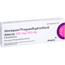 Abbildung: Atovaquon / Proguanil-HCL Amarox 250 mg / 100 mg Fta 12 St, Filmtabletten PZN 18727263