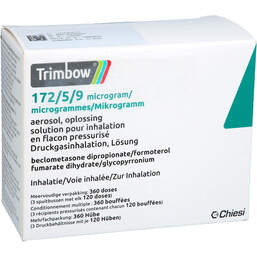 Abbildung: Trimbow 172 µg / 5 µg / 9 µg 120 Hub Druckgasinhalat. 3 St, Dosieraerosol PZN 18736061
