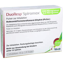 Abbildung: Duoresp Spiromax 160µg / 4,5µg / Dosis 3x120ED Inh.-P. 3 St, Inhalationspulver PZN 18739852