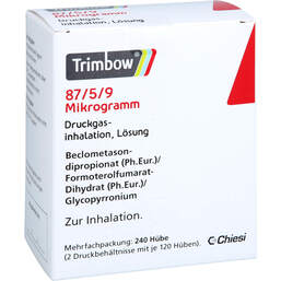 Abbildung: Trimbow 87 µg / 5 µg / 9 µg 120 Hub Druckgasinhalation 2 St, Dosieraerosol PZN 18744451
