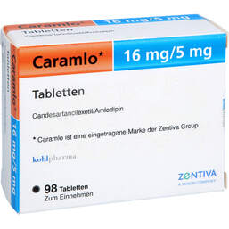 Abbildung: Caramlo 16 mg / 5 mg Tabletten 98 St, Tabletten PZN 18752545