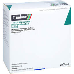 Abbildung: Trimbow 172 µg / 5 µg / 9 µg 120 Hub Druckgasinhalat. 3 St, Dosieraerosol PZN 18755271