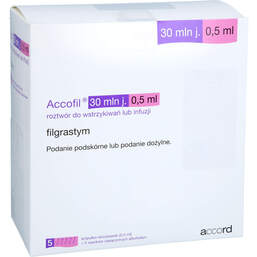 Abbildung: Accofil Accord 30 Mio.E. / 0,5 ml Injektion / Infusionsl.i.e.FS 5X1 St, Injektionslösung in einer Fertigspritze PZN 18761834