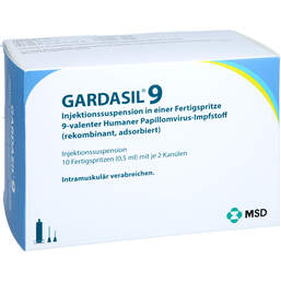 Abbildung: Gardasil 9 Injektionssuspension in einer Fertigspritze 10 St, Injektionssuspension PZN 18762058
