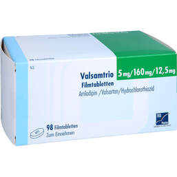 Abbildung: Valsamtrio 5 mg / 160 mg / 12,5 mg Filmtabletten 98 St, Filmtabletten PZN 18768279