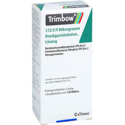 Abbildung: Trimbow 172 µg / 5 µg / 9 µg 120 Hub Druckgasinhalat. 1 St, Dosieraerosol PZN 18768380