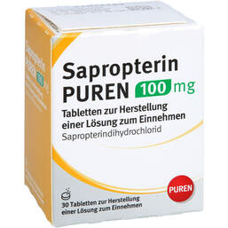 Abbildung: Sapropterin Puren 100 mg Tabletten zur Herstellung einer Lösung zum Einnehmen  30 St, Tablette zur Herstellung einer Lösung zum Einnehmen PZN 18776770