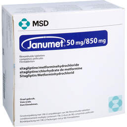 Abbildung: Janumet 50 mg / 850 mg Filmtabletten 196 St, Filmtabletten PZN 18777427