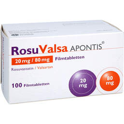 Abbildung: Rosuvalsa Apontis 20 mg / 80 mg Filmtabletten 100 St, Filmtabletten PZN 18782322
