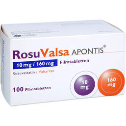 Abbildung: Rosuvalsa Apontis 10 mg / 160 mg Filmtabletten 100 St, Filmtabletten PZN 18782380