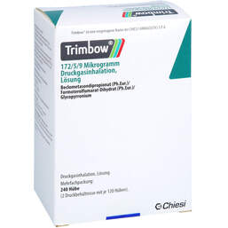 Abbildung: Trimbow 172 µg / 5 µg / 9 µg 120 Hub Druckgasinhalat. 2 St, Dosieraerosol PZN 18799794