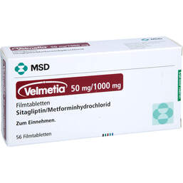Abbildung: Velmetia 50 mg / 1000 mg Filmtabletten 56 St, Filmtabletten PZN 18809363