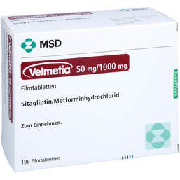 Abbildung: Velmetia 50 mg / 1000 mg Filmtabletten 196 St, Filmtabletten PZN 18809386