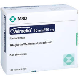 Abbildung: Velmetia 50 mg / 850 mg Filmtabletten 196 St, Filmtabletten PZN 18809392