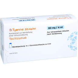 Abbildung: Tyenne 20 mg / ml 80 mg Konzentrat zur Herstellung einer Infusionslösung 4 St, Infusionslösungskonzentrat PZN 18817569