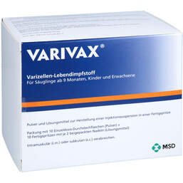 Abbildung: Varivax Pulver und LM z.Her.einer Injektionssuspension Fertigspritze 10X0.5 ml, Pulver und Lösungsmittel zur Herstellung einer Injektionssuspension PZN 18829294