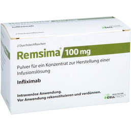 Abbildung: Remsima 100 mg Pulver für einer Konzentration z.Her.einer Infusionslösung Durchstechflasche  2 St, Pulver zur Herstellung eines Infusionslösungskonzentrates PZN 18836101