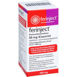 Abbildung: Ferinject 50 mg Eisen / ml Injektion - / Infusion -Dispers.500mg 1X10 ml, Injektions- und Infusionsdispersion PZN 18841088