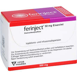Abbildung: Ferinject 50 mg Eisen / ml Injektion - / Infusion -Dispers.500mg 2X10 ml, Injektions- und Infusionsdispersion PZN 18841119