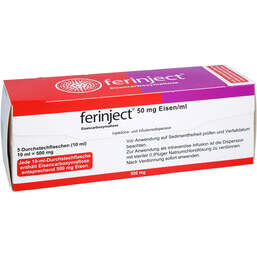 Abbildung: Ferinject 50 mg Eisen / ml Injektion - / Infusion -Dispers.500mg 5X10 ml, Injektions- und Infusionsdispersion PZN 18841125