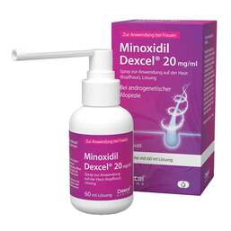 Abbildung: Minoxidil Dexcel 20 mg / ml Spray z.Anw.a.d.Kopfhaut 60 ml, Lösung PZN 18892393