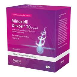 Abbildung: Minoxidil Dexcel 20 mg / ml Spray z.Anw.a.d.Kopfhaut 3X60 ml, Lösung PZN 18892401
