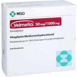 Abbildung: Velmetia 50 mg / 1000 mg Filmtabletten 196 St, Filmtabletten PZN 18906741