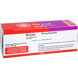 Abbildung: Feryxa 50 mg Eisen / ml Injektion - / Infusion -Dispers.500mg 5X10 ml, Injektions- und Infusionsdispersion PZN 18909194