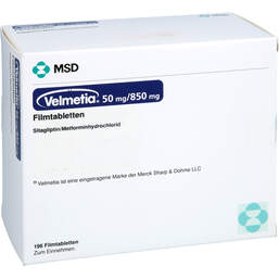 Abbildung: Velmetia 50 mg / 850 mg Filmtabletten 196 St, Filmtabletten PZN 19067627