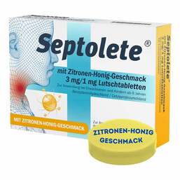Abbildung: Septolete mit Zitronen-Honig-Geschmack 3 mg/1 mg Lutschtabletten 16 St, Lutschtabletten PZN 19104417