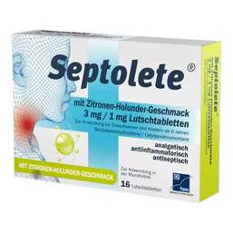 Abbildung: Septolete mit Zitronen-Holunder-Geschmack 3 mg/1 mg Lutschtabletten 16 St, Lutschtabletten PZN 19104446