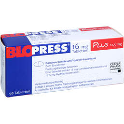 Abbildung: Blopress 16 mg Plus 12,5 mg Tabletten 98 St, Tabletten PZN 19179237