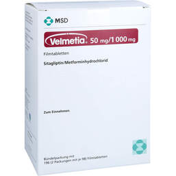 Abbildung: Velmetia 50 mg / 1000 mg Filmtabletten 196 St, Filmtabletten PZN 19192775