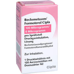 Abbildung: Beclometason / Formoterol Cipla 100 / 6 µg 120 Hub Dos 1 St, Dosieraerosol PZN 19196394