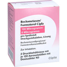 Abbildung: Beclometason / Formoterol Cipla 100 / 6 µg 120 Hub Dos 2 St, Dosieraerosol PZN 19196402