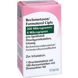 Abbildung: Beclometason / Formoterol Cipla 200 / 6 µg 120 Hub Dos 1 St, Dosieraerosol PZN 19196419