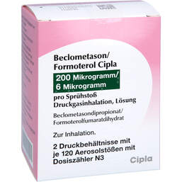 Abbildung: Beclometason / Formoterol Cipla 200 / 6 µg 120 Hub Dos 2 St, Dosieraerosol PZN 19196425