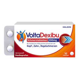 Abbildung: VoltaDexibu Schmerztabletten 200 mg Filmtabletten 10 St, Filmtabletten PZN 19208418