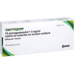 Abbildung: Taptiqom 15 µg / ml + 5 mg / ml Augentropfeni.Einzeldosisb 30X0.3 ml, Einzeldosispipetten PZN 19229113