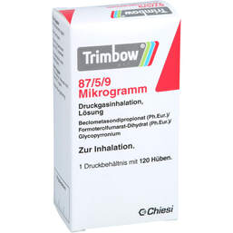 Abbildung: Trimbow 87 µg / 5 µg / 9 µg 120 Hub Druckgasinhalation 1 St, Dosieraerosol PZN 19250998