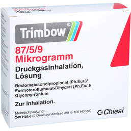 Abbildung: Trimbow 87 µg / 5 µg / 9 µg 120 Hub Druckgasinhalation 2 St, Dosieraerosol PZN 19251006