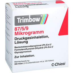 Abbildung: Trimbow 87 µg / 5 µg / 9 µg 120 Hub Druckgasinhalation 3 St, Dosieraerosol PZN 19251012