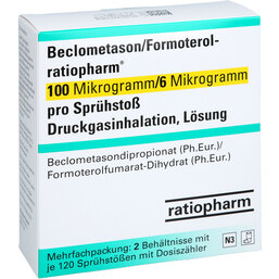 Abbildung: Beclometason / Formoterol-ratiopharm 100 / 6 µg 120Hub 2 St, Dosieraerosol PZN 19275082