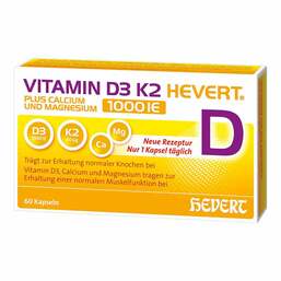 Abbildung: Vitamin D3 K2 Hevert + Calcium und Magnesium 1000 IE Kapseln 60 St, Kapseln PZN 19295653