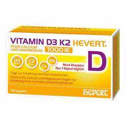 Abbildung: Vitamin D3 K2 Hevert + Calcium und Magnesium1000 IE  Kapseln  120 St, Kapseln PZN 19295676