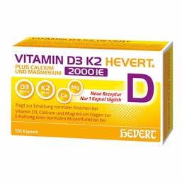 Abbildung: Vitamin D3 K2 Hevert + Calcium und Magnesium 2000 IE Kapseln 120 St, Kapseln PZN 19295699