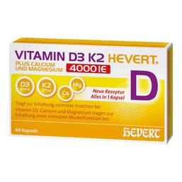 Abbildung: Vitamin D3 K2 Hevert + Calcium und Magnes.ium 4000 IE Kapseln 60 St, Kapseln PZN 19295707