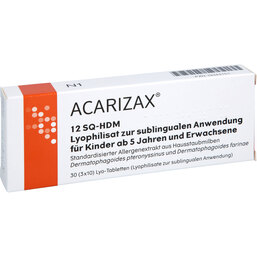 Abbildung: Acarizax 12 SQ-Hdm Lyophil.z.sublimatus Anw.KDR ab5 + Erw 30 St, Sublingualtabletten PZN 19343151